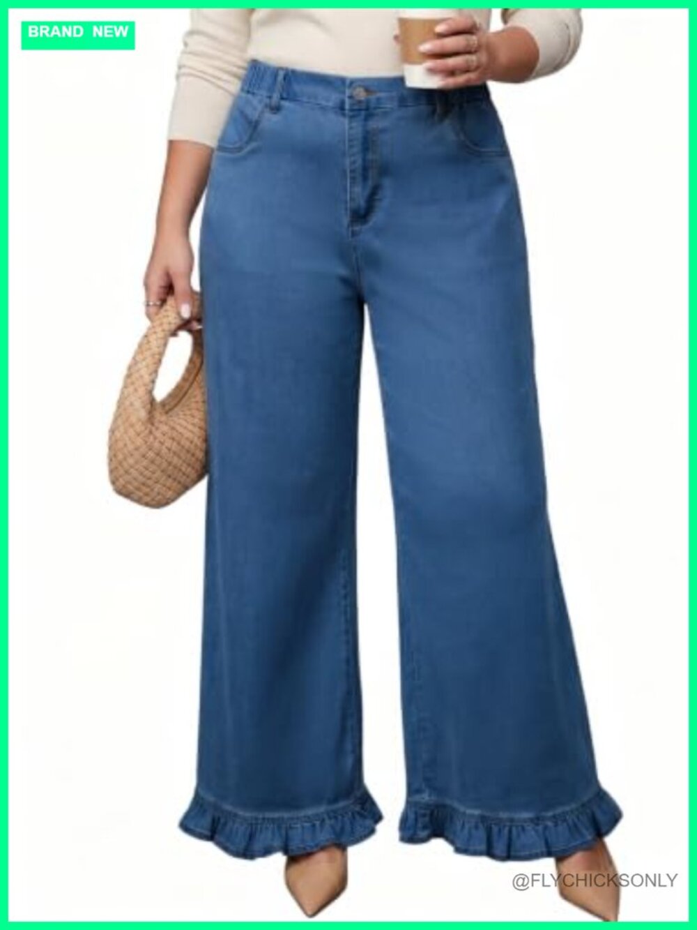 Plus Size Wide Leg Jeans High Waisted Ruffle Hem Tummy Control